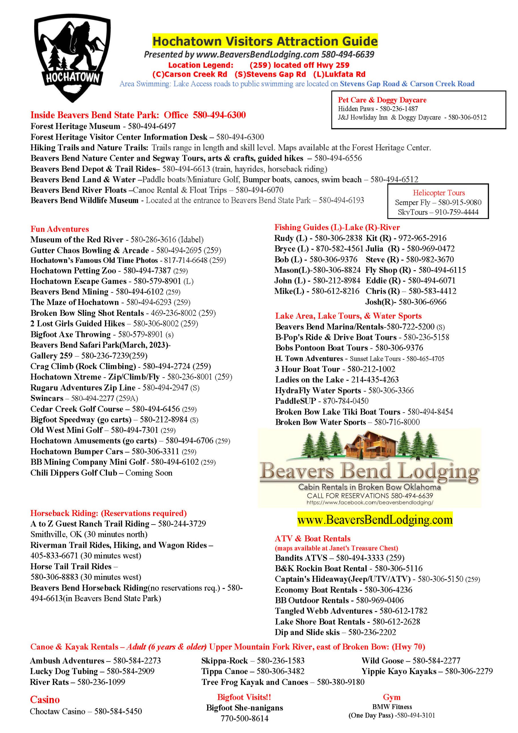 Quick Reference Guide Cabin Rentals Beavers Bend Lodging